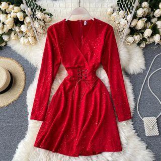 V-neck Sequin Lace-up Strap Dress
