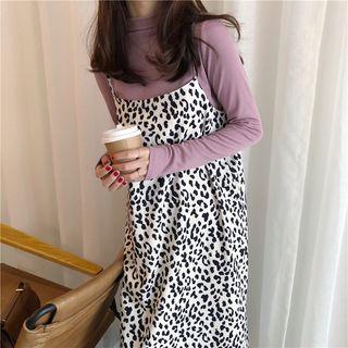 Long-sleeve Top / Spaghetti Strap Midi Milk Cow Print Dress