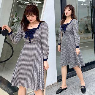 Bow Square-neck Plaid Midi A-line Dress