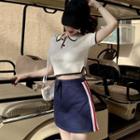 Short-sleeve Knit Polo Shirt / Mini A-line Skirt