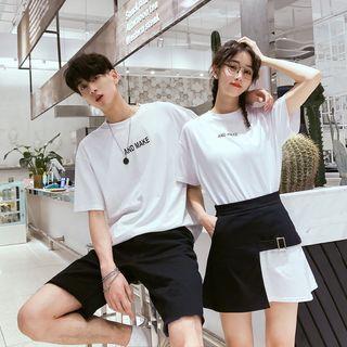 Couple Matching Elbow-sleeve Letter T-shirt / Short-sleeve Dress / Shorts / Asymmetric A-line Mini Skirt