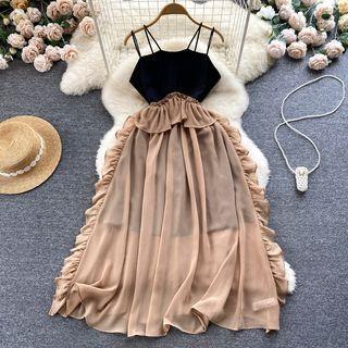 Suspender Square-neck Ruffle Panel Chiffon Dress