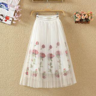 Mesh Rose Embroidered A-line Skirt