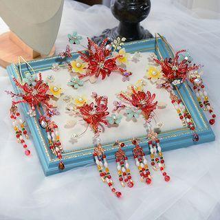 Set Of 6: Beaded Flower Headpiece + Clip-on Earring Set Of 6 - Red - One Size
