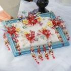 Set Of 6: Beaded Flower Headpiece + Clip-on Earring Set Of 6 - Red - One Size