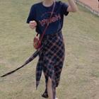 Set: Short-sleeve Lettering Print T-shirt + Plaid Midi Pencil Skirt