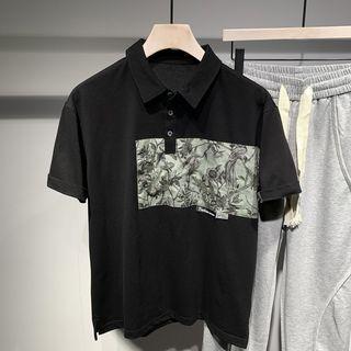 Short-sleeve Floral Applique Polo Shirt