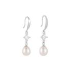 Sterling Silver Fashion Simple Geometric Diamond White Freshwater Pearl Earrings With Cubic Zirconia Silver - One Size