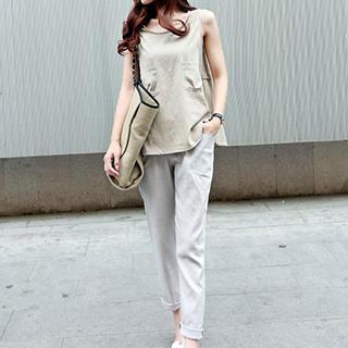 Set: Sleeveless Pocket Top + Straight-leg Pants