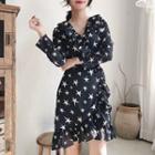 Long-sleeve Star Patterned Ruffled Chiffon Wrap Dress