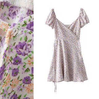 Drawstring Wrap Floral Mini Dress