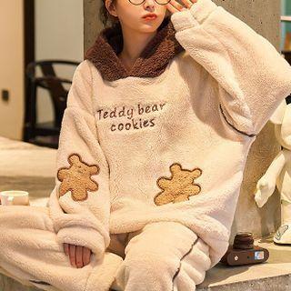 Loungewear Set : Fleece Bear Embroidered Hooded Top + Pants