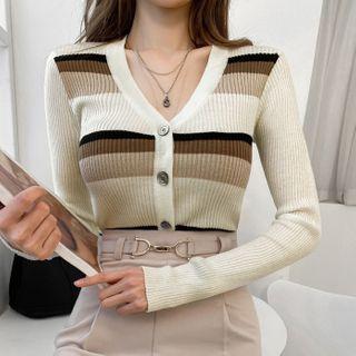 V-neck Rib-knit Stripe Cardigan