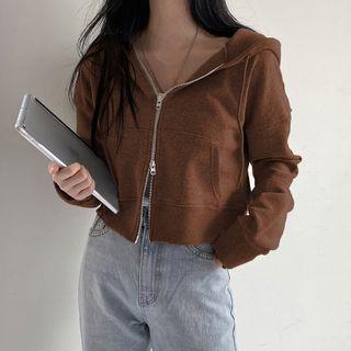Plain Crop Zip-up Hooded Jacket