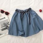 Lace-up High-waist Denim A-line Skirt Blue - One Size