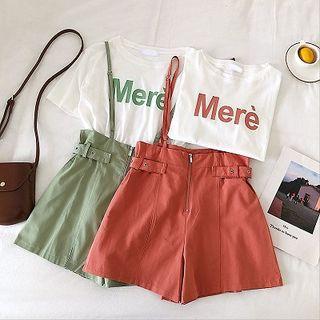 Set: Lettering Short-sleeve T-shirt + Zip Detail Suspender Shorts