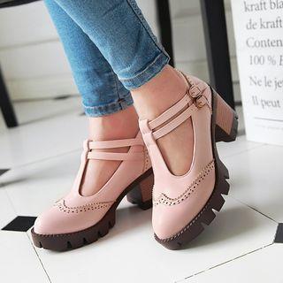 Brogue Chunky Heel T-bar Shoes