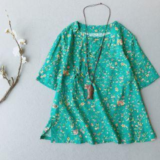 Short-sleeve Floral Print Frog-buttoned Top