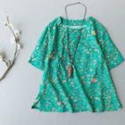 Short-sleeve Floral Print Frog-buttoned Top