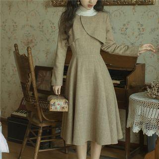 Mock-turtleneck Long-sleeve Plaid Midi A-line Dress