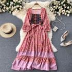 Square-neck Embroidered Color Panel Floral Dress