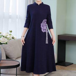 Long-sleeve Rose Embroidered Midi A-line Dress