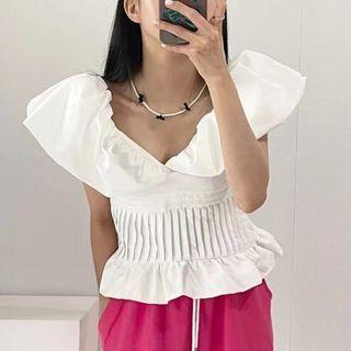 V-neck Ruffle Pleated Blouse