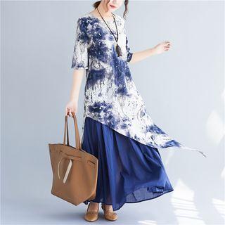 Mock Two-piece Elbow-sleeve Printed Panel Maxi Dress