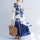 Mock Two-piece Elbow-sleeve Printed Panel Maxi Dress