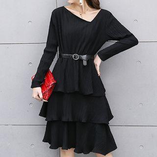 Asymmetric V-neck Long-sleeve Tiered Dress