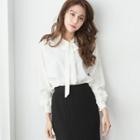 Lace-up Long-sleeve Blouse Off-white - One Size