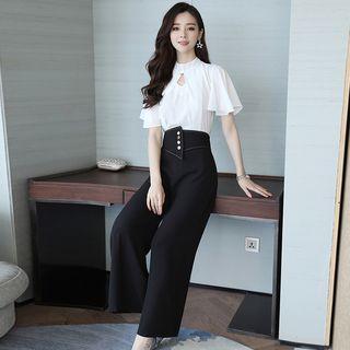 Set: Cutout Plain Top + Wide-leg Pants