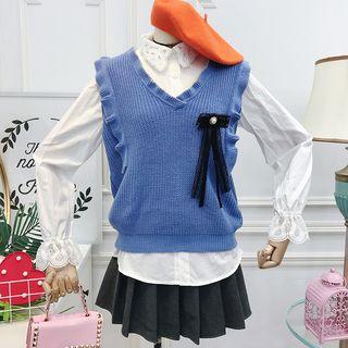 Set: Bell-sleeve Shirt + Ruffle Trim Knit Vest