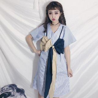 Striped Short-sleeve Mock Two-piece Dress Blue - One Size