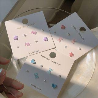 4 Pair Set: Bear / Bow / Faux Pearl Earring