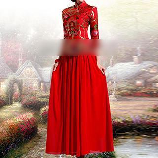 3/4-sleeve Embroidered Evening Gown
