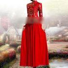 3/4-sleeve Embroidered Evening Gown