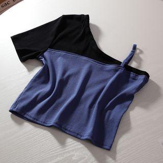 Short-sleeve Cold Shoulder T-shirt T-shirt - Blue - One Size