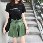 Short-sleeve Lettering Ripped Top / Wide-leg Shorts