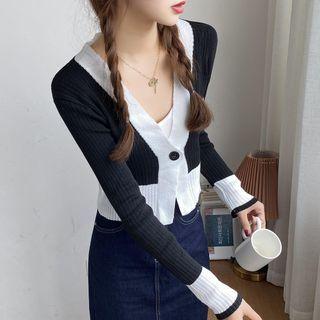 V-neck Two Tone Button-up Cropped Cardigan