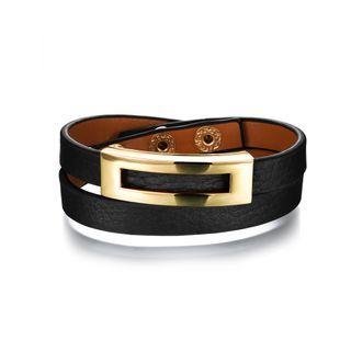 Fashion Simple Plated Gold Hollow Geometric Circle Black Leather Bracelet Golden - One Size