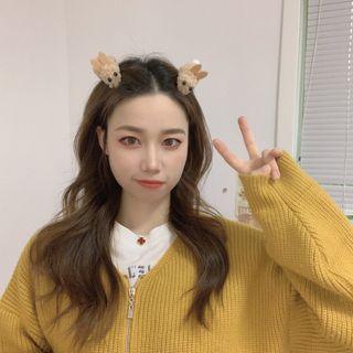 Rabbit Shearling Hair Clip 01 - Khaki - One Size