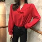 Plain Long-sleeve Loose-fit Blouse Red - One Size