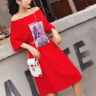 Off-shoulder Print Elbow-sleeve T-shirt Dress