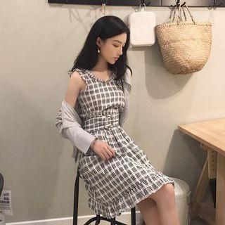 Plaid Sleeveless A-line Dress / Round Neck Cardigan