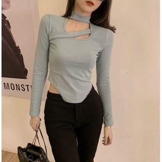 Long-sleeve Halter Irregular Plain Top