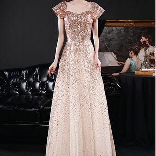 Cap-sleeve Sequin A-line Gown