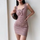Front-pocket Deep Square-neck Ruched Mini Bodycon Dress