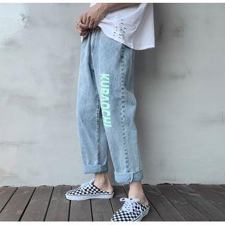 High-waist Letter Printed Straight Cut Jeans