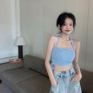 Halter-neck Gingham Crop Top / Cropped Cardigan
